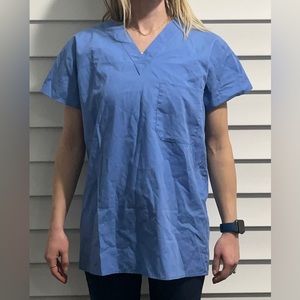Light blue scrub top.